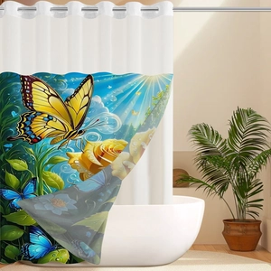 Detail view of digital floral print waterproof fabric with silver metal grommets