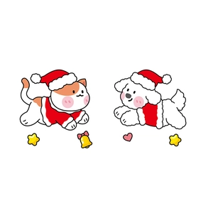 Christmas window stickers featuring cartoon cat and dog illustrations in festive holiday outfits