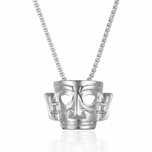 Vintage Sanxingdui mask totem pendant necklace in silver stainless steel finish