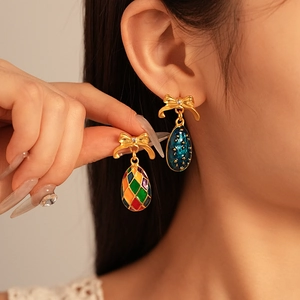 Vintage enamel insect style earrings with bowknot and colorful egg-shaped drop pendants