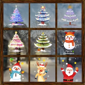 Christmas tree window static stickers set with Santa Claus and snowman for holiday decoration