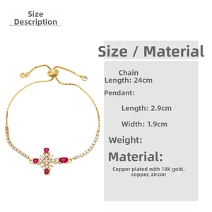 Detail of 18K gold plated cross bracelet with red and white zircons and dimensions