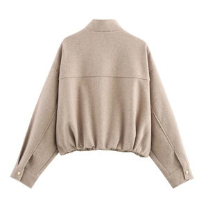 Back view of beige short wool bomber jacket with drop shoulder and elastic hem detail