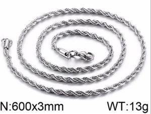 Detailed 3mm silver twisted rope chain necklace measuring 600mm length and 13g weight