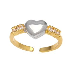 Anello aperto a cuore bicolore oro e argento con zirconi incastonati su fondo bianco