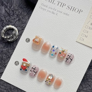 Handmade Press On Nails Christmas Bear Tree 3D Resin Bow Rhinestones Glitter Pink Gradient Short Cute False Nails For Women Girls