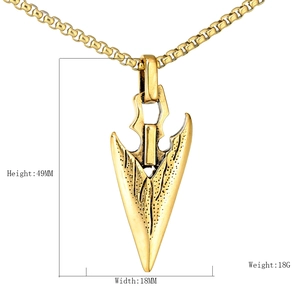 Gold stainless steel arrowhead pendant necklace for men with engraved texture detail