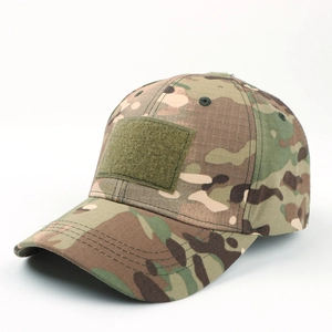 Detailed view of MultiCam tactical cap featuring durable ripstop fabric and front Velcro panel