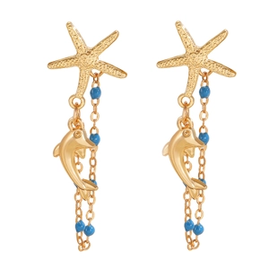 Detailed close-up of starfish and dolphin pendant earrings with elegant blue bead charms