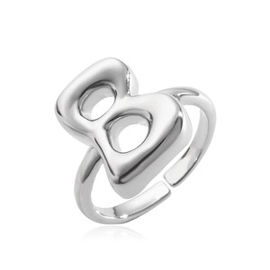 Adjustable silver letter B ring with polished metallic finish and minimalist open design