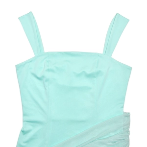 Close-up of light blue mesh dress showing square neck and ruched detailing on the fabric
