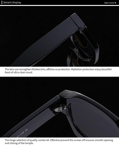Detail view of premium reinforced hinges and high-quality lens on black polygon sunglasses