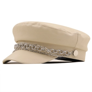 Classic cream PU leather newsboy cap with elegant silver chain and metallic buttons