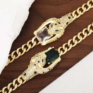 Hip hop Cuban chain bracelet featuring leopard head design with sparkling zircon accents