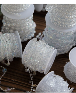 Detail of iridescent acrylic bead chain with star and faceted shapes on white spool