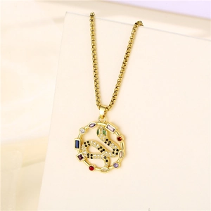 Gold snake pendant necklace with colorful cubic zirconia stones and green gem eyes