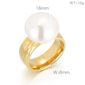 Detailed view of golden stainless steel ring with 16mm pearl and textured band