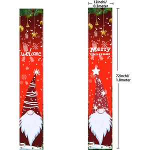Detailed size view of red Christmas gnome banners with Merry Christmas text and snowy patterns