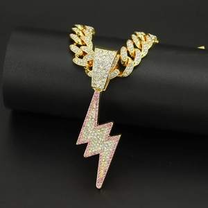 Hip Hop Lightning Bolt Pendant Necklace Iced Out Rhinestone Alloy Cuban Link Chain Streetwear Punk Jewelry For Men Women