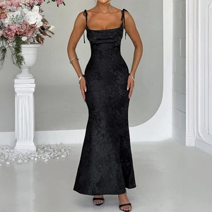 Elegant black jacquard evening dress with spaghetti straps and a bodycon silhouette