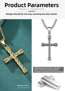 Polished stainless steel cross necklace detail in gold and silver finish options