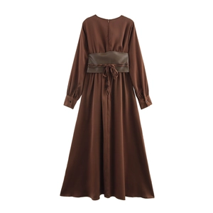 Elegant brown V-neck chiffon maxi dress with dark brown waist belt on white background