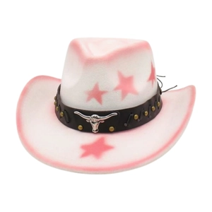 Detail of pink and white wool felt cowboy hat with silver bull head buckle and star patterns