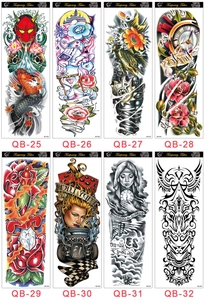 Detail view of 8 waterproof full arm temporary tattoo stickers featuring koi and skull designs