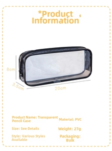 Close-up of clear PVC pencil case with black zipper showing 20x8x3.5cm dimensions