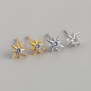 S925 sterling silver starburst stud earrings with zircon in gold and silver finishes