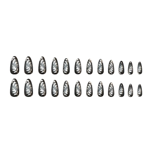 Dark gothic almond-shaped press-on nails with silver leaf vein design, 24-piece set