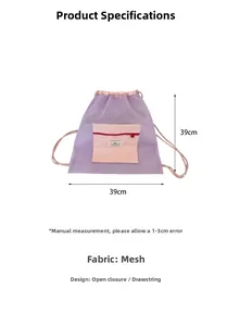 Detail view of purple mesh drawstring backpack with pink zipper pocket, size 39cm x 39cm