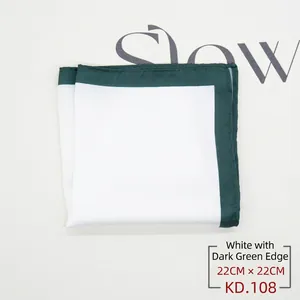 Detailed view of 22x22cm white pocket square with dark green borders and satin finish