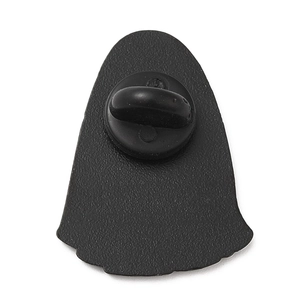 Back view of cute cartoon enamel pin with black rubber clutch and matte metal base