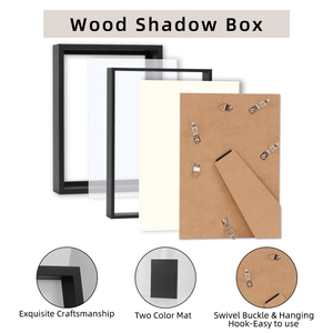 Deep black wooden shadow box frame with exploded view showing multi-layer construction