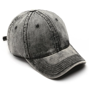 Vintage washed dark grey denim baseball cap with adjustable strap and breathable eyelets