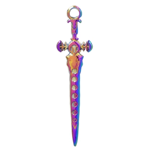 Detail of 304 stainless steel sword pendant with colorful rainbow electroplating finish