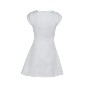 Detail view of the back zipper closure on a white short sleeve A-line mini dress