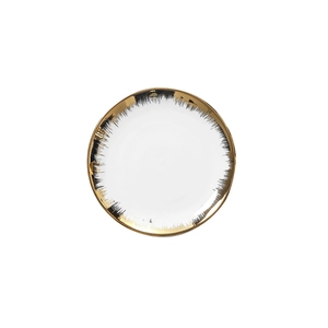 Minimalist white ceramic plate with gold and black radial lines for modern dining decor