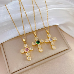 Luxe titanium steel cross necklace with colorful crystals and sparkling zirconia stones