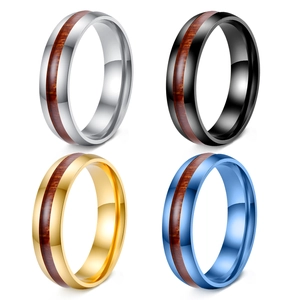 Stainless Steel Ring With Wood Inlay Comfort Fit Band Polished Fashion Jewelry For Men Women