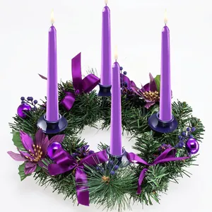 Purple Christmas candle wreath set with four tapered candles and pine needle decor