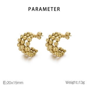 Detailed view of golden triple-row beaded earrings showing dimensions of 20x15mm