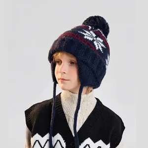 Kids Winter Knitted Earflap Hat Nylon Warm Windproof Pom Pom Snowflake Pattern Outdoor Beanie For Boys Girls