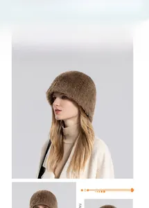 Vue détaillée du bob d'hiver pour femme en fausse fourrure douce blanche et marron