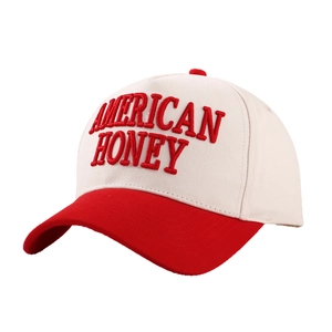 Red and beige baseball cap with American Honey embroidery and adjustable strap