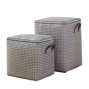 Brown houndstooth fabric storage bags with zipper and handle for clothing and bedding