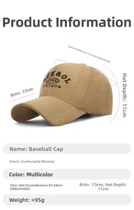 Detail view of corduroy baseball cap with embroidery and adjustable size measurements