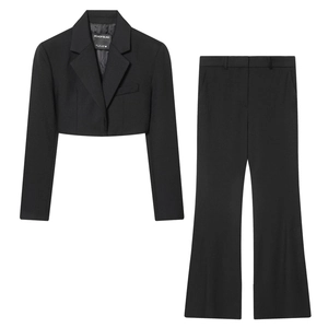 Women Cropped Blazer And Wide Leg Pants Double Twill Polyester Solid Color High Waist Casual Long Sleeve