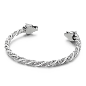 Vintage stainless steel twisted wire bracelet with detailed silver wolf heads for men